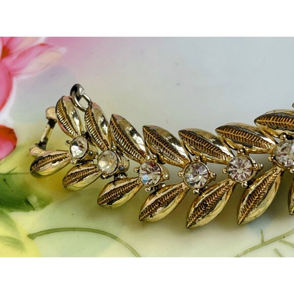 Vintage 1950s Coro Gold Tone Leaf Bracelet With Rhinestones - Picture 10 of 11